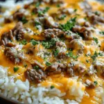 Garlic Butter Beef and Rice Skillet with Cheddar Parmesan Sauce