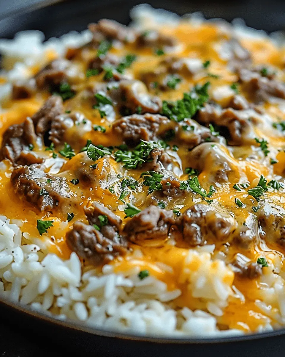 Garlic Butter Beef and Rice Skillet with Cheddar Parmesan Bliss
