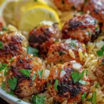 Greek Chicken Meatballs with Lemon Orzo