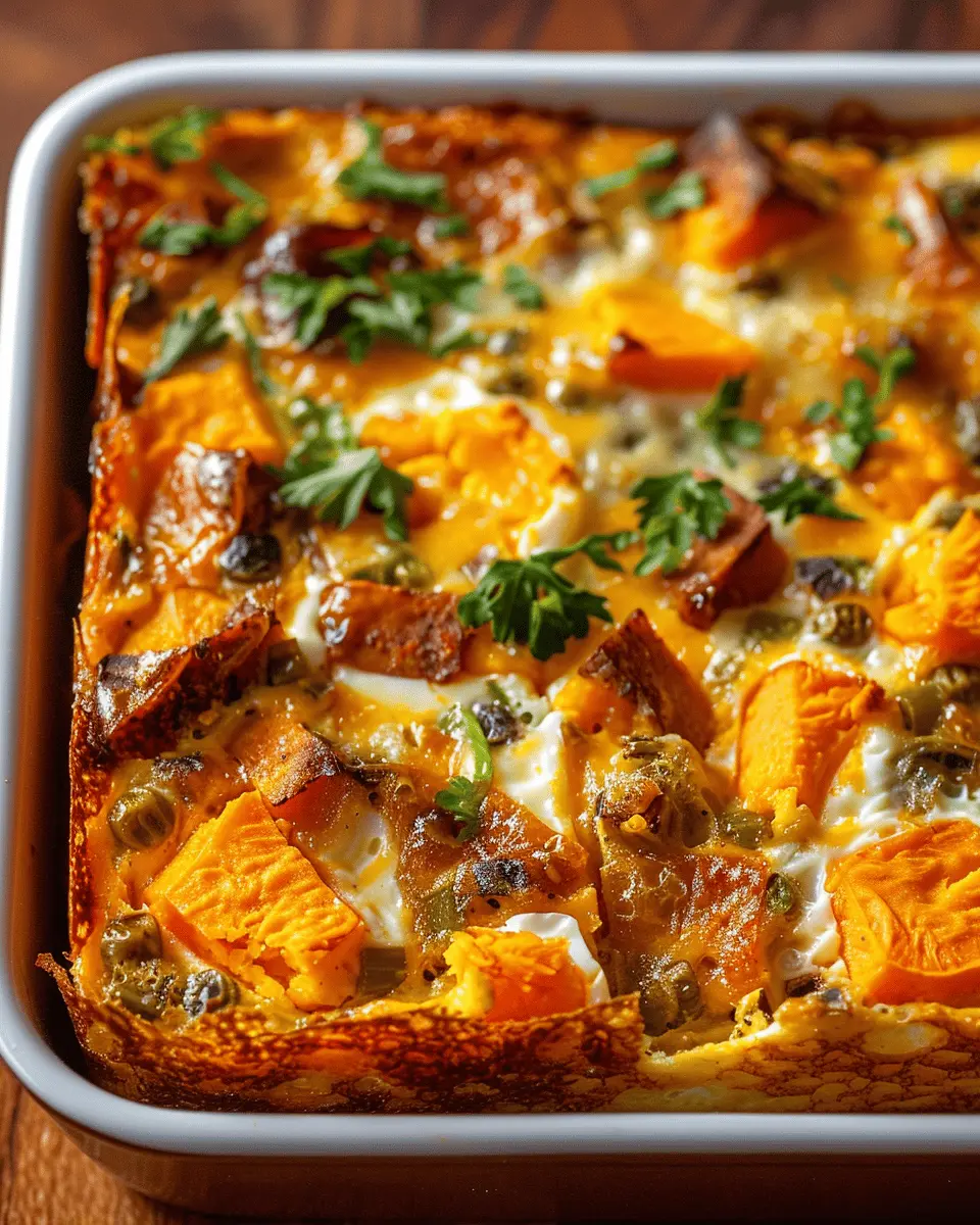 Easy Sweet Potato Egg Casserole with Turkey Bacon and Chicken Ham