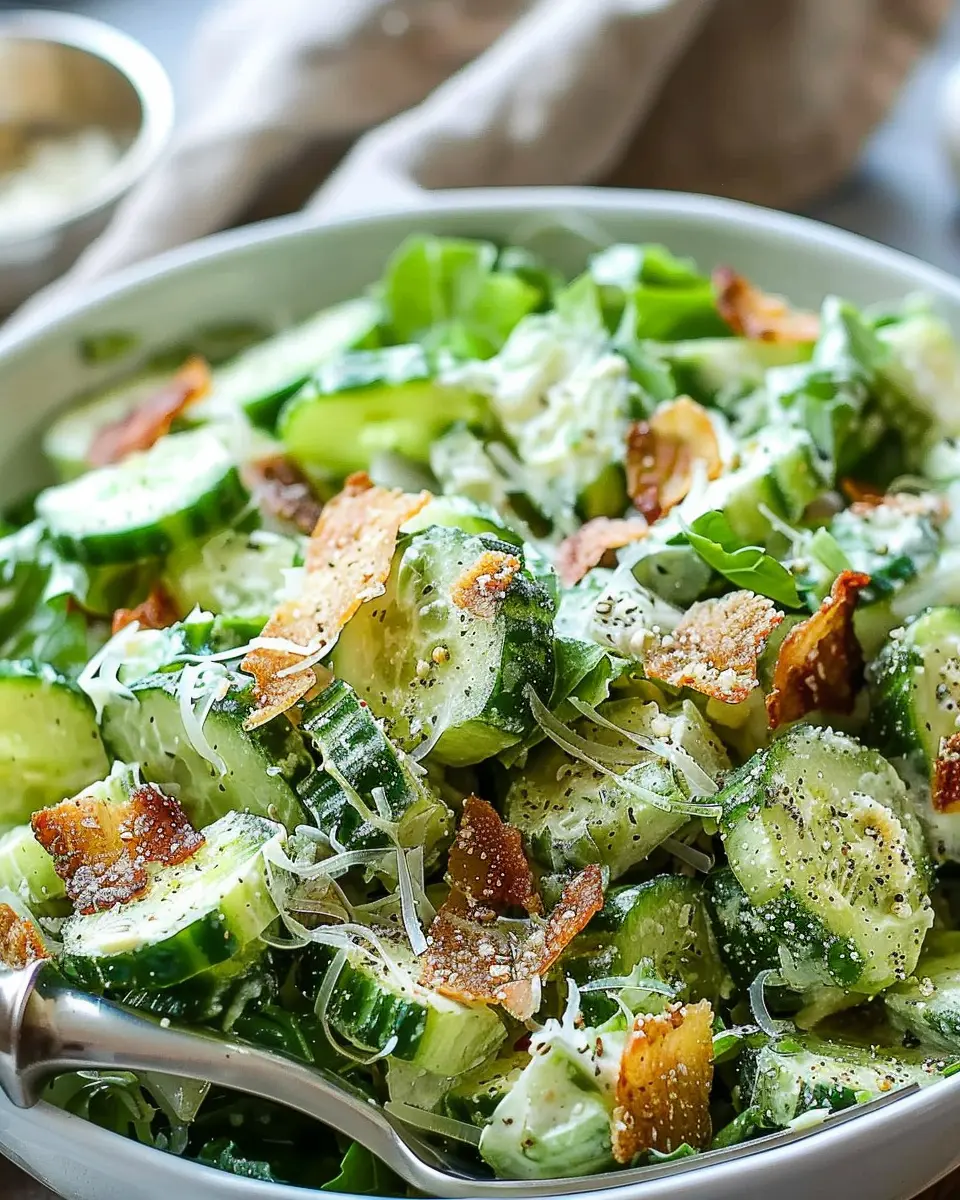 Cucumber Caesar Salad with Turkey Bacon for a Refreshing Twist