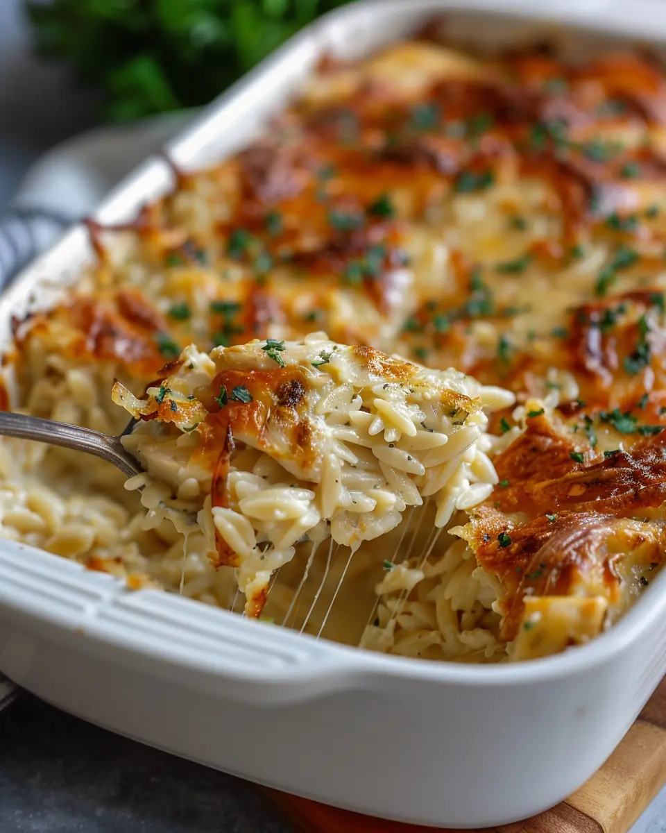 French Onion Chicken Orzo Casserole with Savory Turkey Bacon