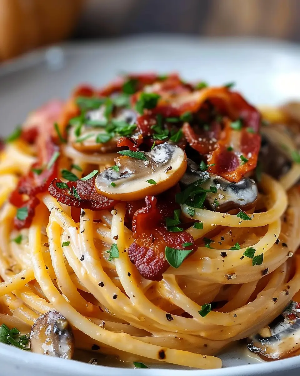 Pumpkin &amp; Mushroom Spaghetti with Crispy Turkey Bacon Delight