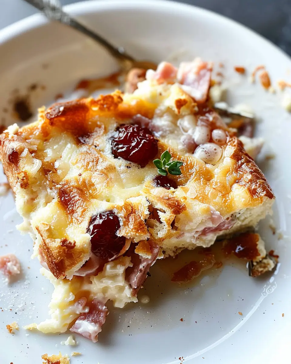 Monte Cristo Breakfast Casserole with Turkey Bacon and Chicken Ham